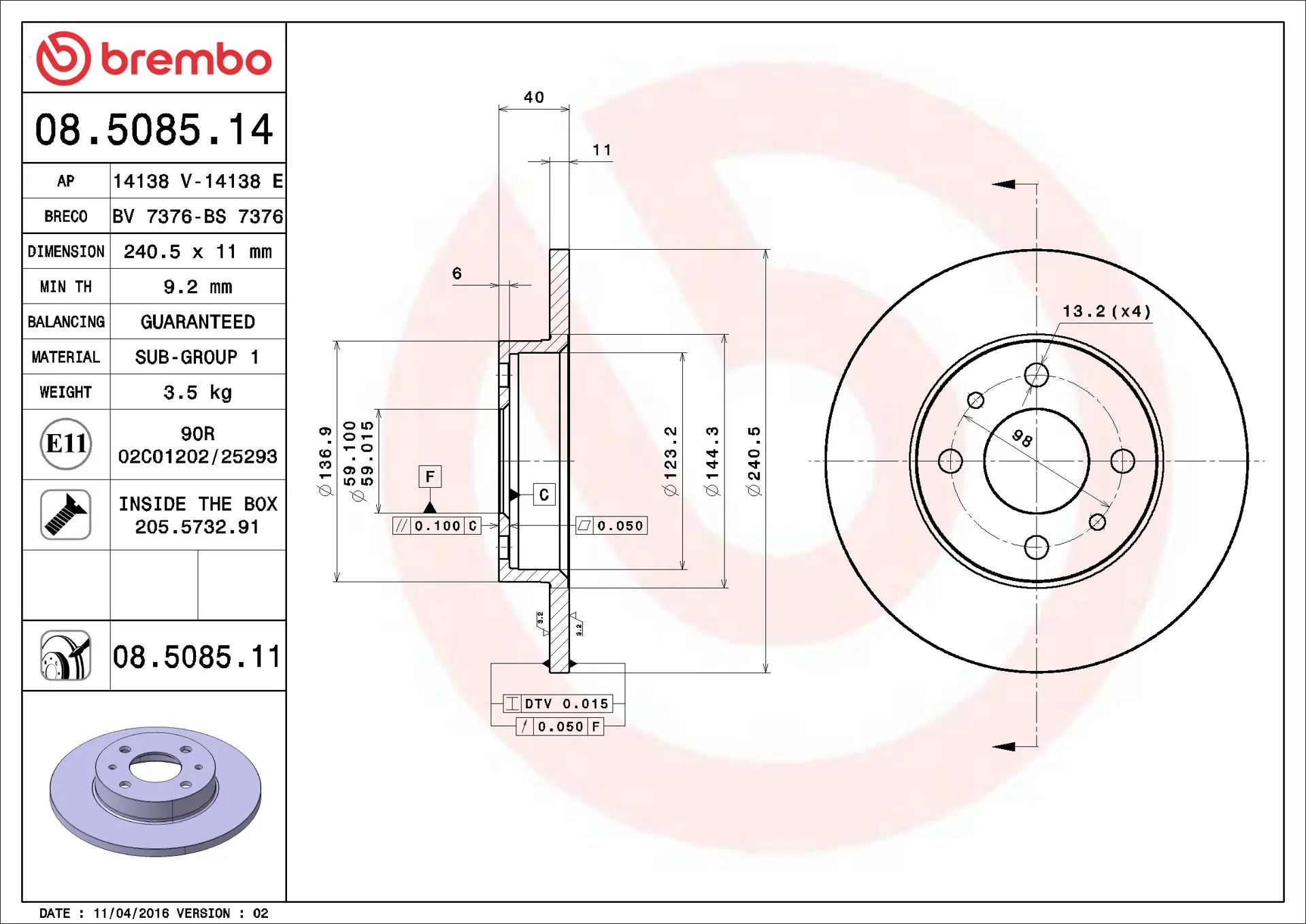 DISCHI FRENO BREMBO FIAT PANDA, 500, PUNTO, SEICENTO, LANCIA Y, FORD KA BENZINA-DIESEL