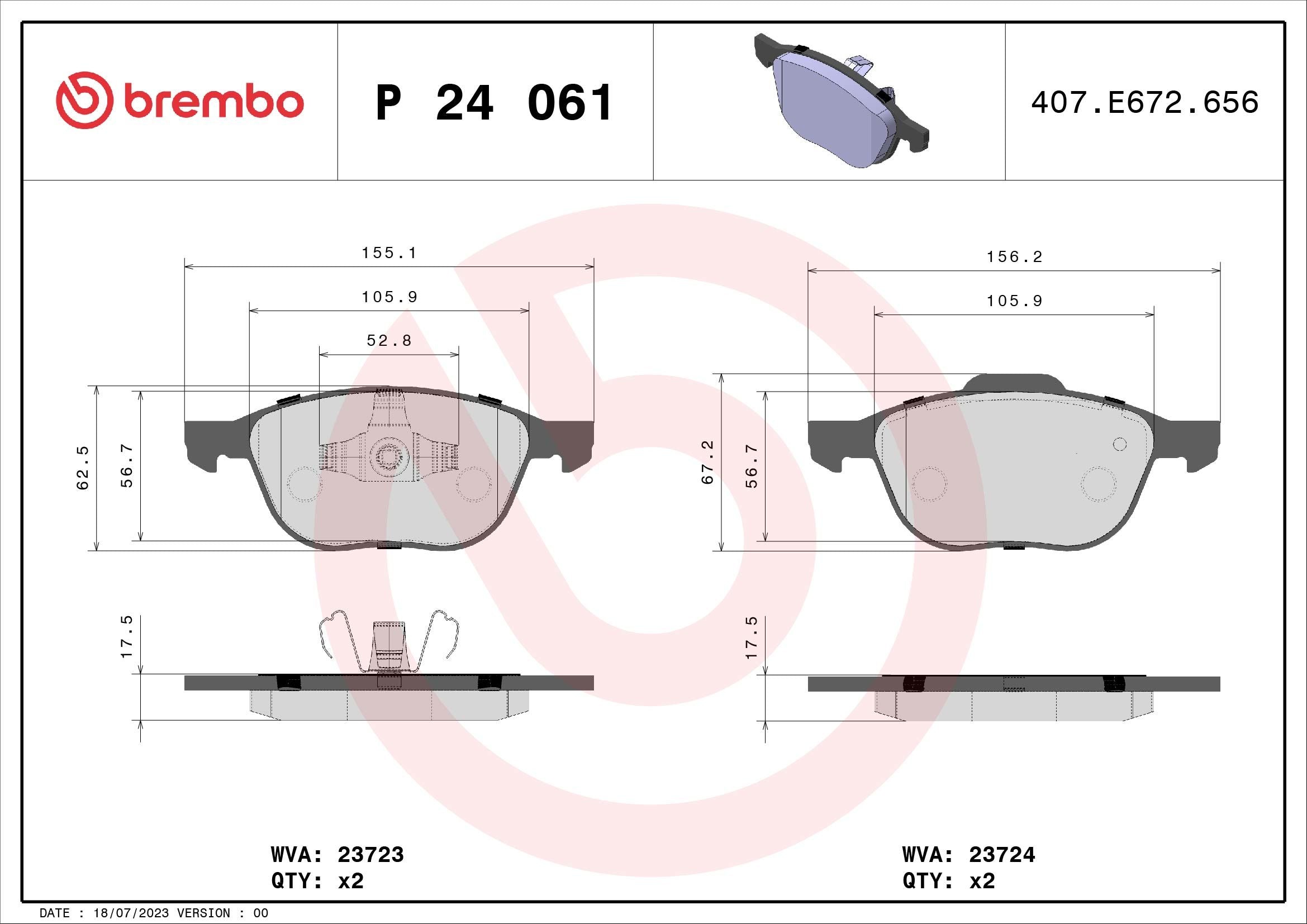 KIT PASTIGLIE ANTERIORI BREMBO FORD ECOSPORT 1.0 BENZINA/ECOBOOST - 1.5 DIESEL/TDCI - P24061