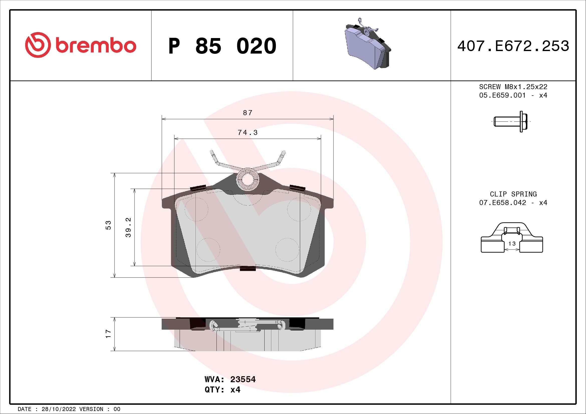 KIT PASTIGLIE FRENO BREMBO PEUGEOT 207/208/308 CITROEN C2/C3/C4 DIESEL / BENZINA